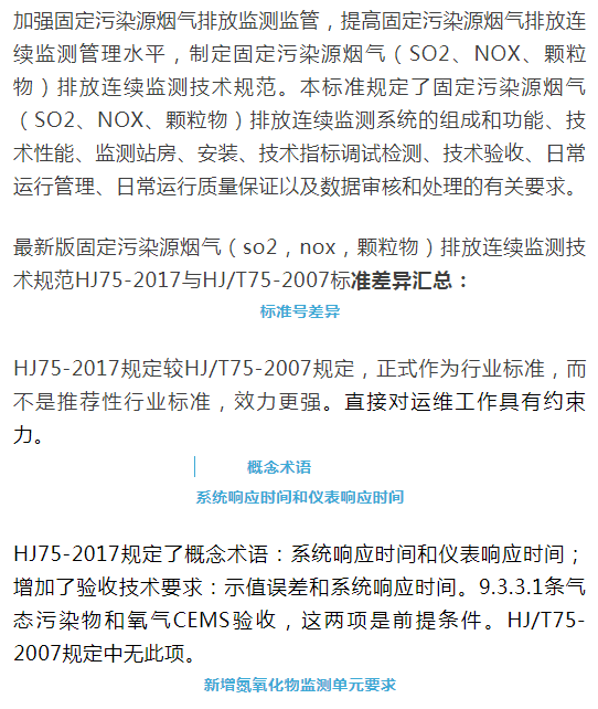 煙氣（so2，nox，顆粒物）排放連續(xù)監(jiān)測技術(shù)規(guī)范 HJ75-2017與HJ/T75-2007標(biāo)準(zhǔn)究竟有何不同